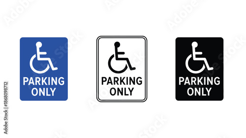 Handicap parking signs in blue, white, and black