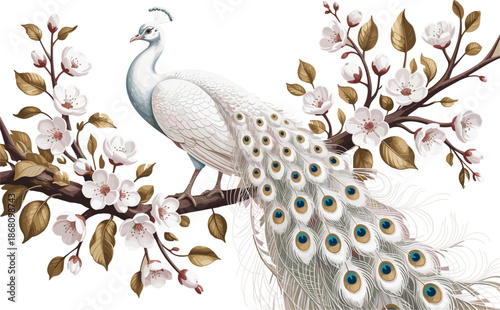 Graceful albino peacock bird with long decorative feathers and white flowers isolated on white background.