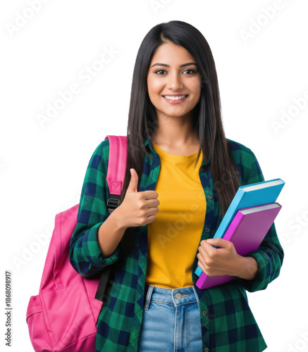 a young Indian female student in a grey sweatshirt holding colorful notebooks against a pastel pink studio background.