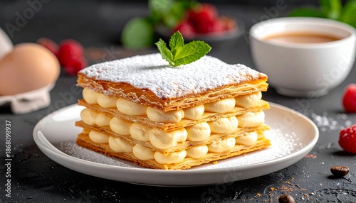 Delicious Tiramisu Cake with Coffee Beverage.