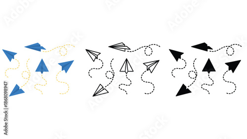 Paper airplanes flying in different directions with dotted trails
