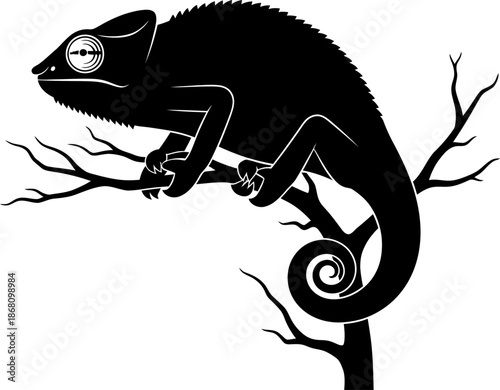 Black Silhouette of a Chameleon Perched on a Tree Branch Isolated on White Background Reptile Graphic Design desert animal