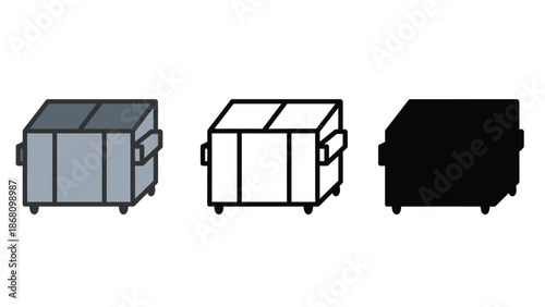 Three different colored dumpster icons in various styles