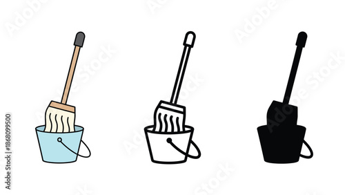 Brooms and buckets in various styles and colors