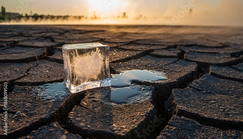 Generated imagA stark image shows an ice cube melting on cracked earth. This conveys the climate crisis as seen by an upload to a stock photo website.
