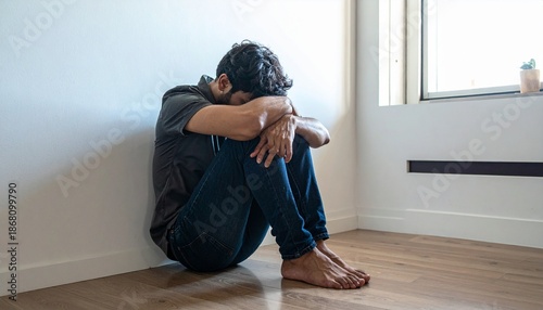 Depressed Man Sitting Alone Against Wall, Showing Emotional Distress and Loneliness.