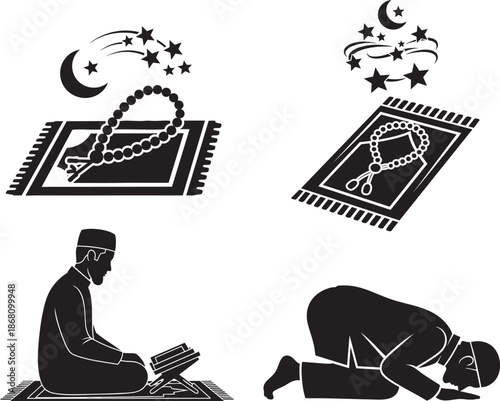 Muslim man praying and reading Quran in Ramadan with crescent moon