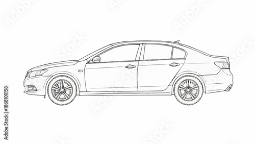Detailed Line Art of a Modern Sedan Car.