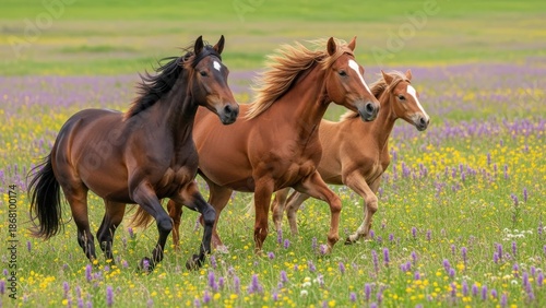 Three Majestic Horses Gallop Through a Vibrant Meadow Filled with Wildflowers
