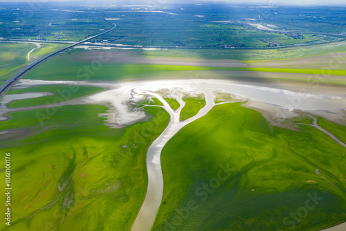 Poyang Lake wetland dried river green grassland texture overlooking