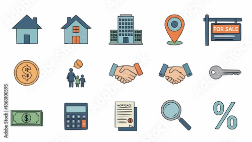 Real Estate and Finance Icons Set - Housing, Money, and Transactions.