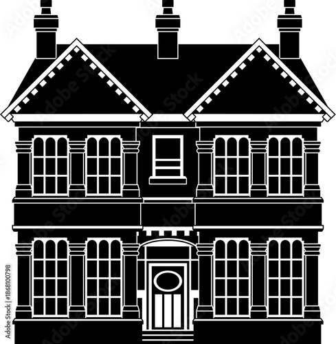Victorian silhouette old English house building. Georgian mansion manor style homes. Vintage British architecture facade illustration.