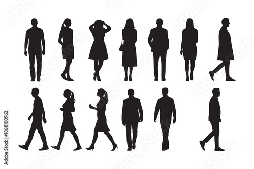 A collection of fourteen black human silhouettes is arranged in two rows against a white background. The figures depict various poses, including standing still and walking, representing a mix