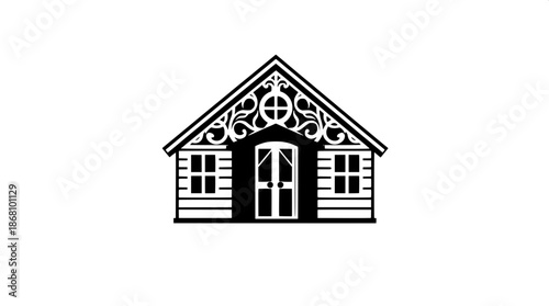 Cottage house symbol with a bold black silhouette, intricate white linear detailing, and a flat icon design, incorporating simple geometry, presented as an isolated object, with crisp lines, and a min
