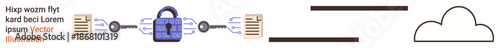Data security, cloud storage, information protection, digital access control, secure file exchange, network encryption. Central lock connecting to files and cloud. Data security and cloud storage