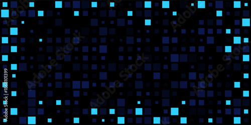 Abstract pixel noise background with vibrant cyan squares on a dark blue grid pattern