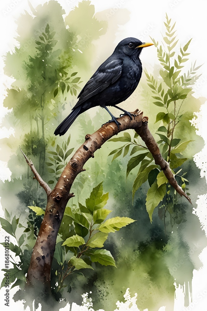 Fototapeta premium Blackbird perched on a branch in a lush green forest