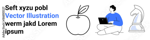 Education, creativity, strategy, technology, design, online learning. An apple, person using a laptop and a chess piece with text elements. Education and creativity focus in digital contexts