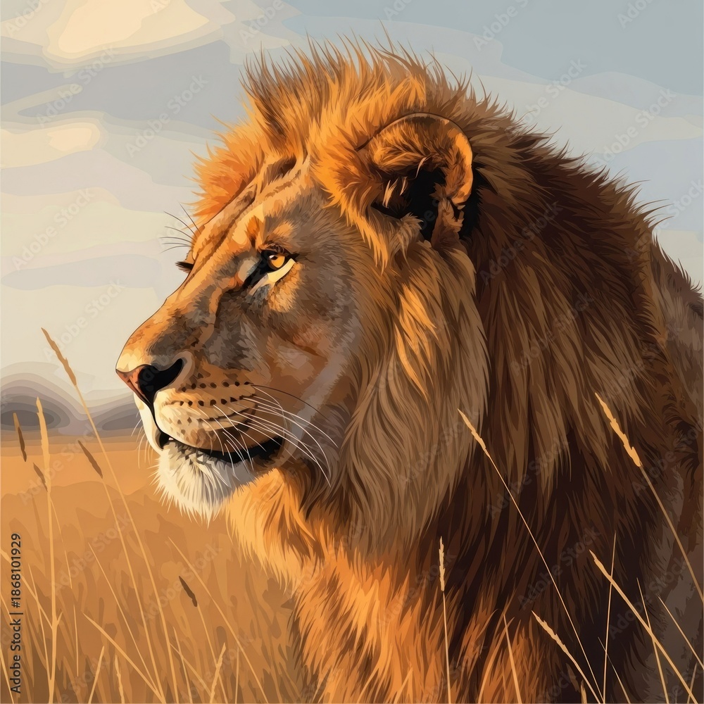 Naklejka premium A majestic lion portrait, bathed in golden sunlight, gazing toward the horizon in a savanna