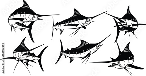 Swordfish and Marlin Silhouette Vector Set with Dynamic Ocean Predator Fish Black Illustration Collection