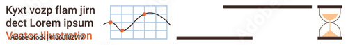 Business analytics, time management, finance tracking, educational materials, deadline planning, productivity concept. Line graph with text and hourglass icon. Business analytics and time management