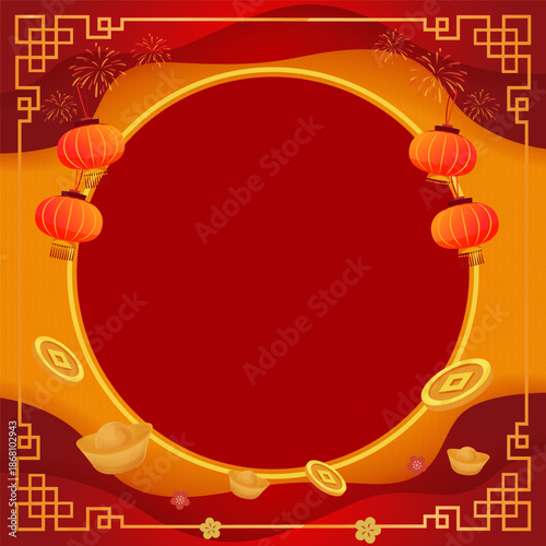Vintage Chinese New Year greeting card featuring a golden floral border with ornate vector patterns and leaf ornaments on a blank holiday banner design