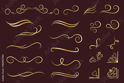 装飾に使えるカリグラフィーのゴールドの線や角などのデコレーションパーツ