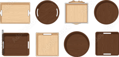 Wooden serving tray illustrations, various shapes, light and dark tones, kitchenware vector, editable design, isolated, food presentation icons
