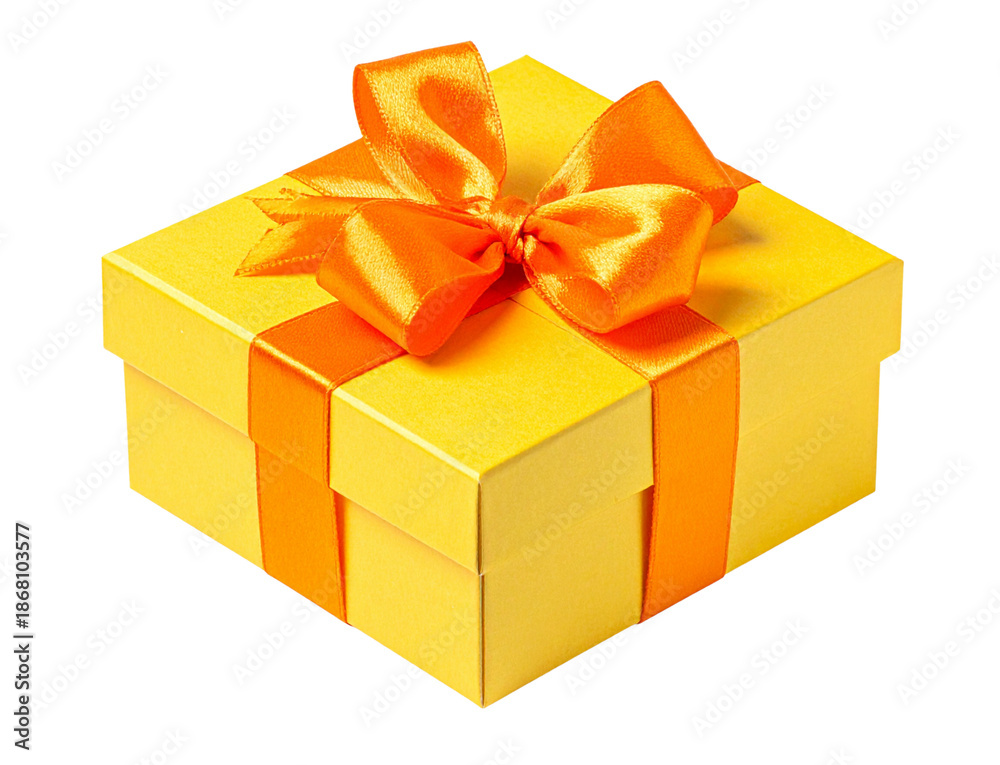 Obraz premium Elegant yellow gift with orange ribbon isolated for festive display