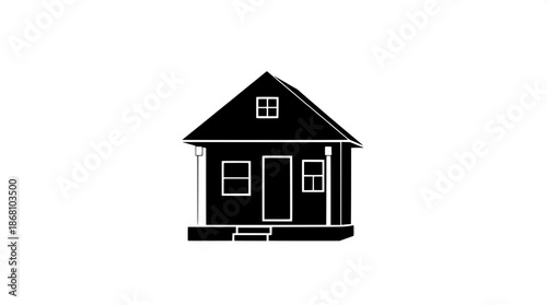 Black silhouette house icon in a minimal flat design style with crisp white stroke details, featuring a small home with a slightly elevated porch supported by slender pillars and a short staircase, ag