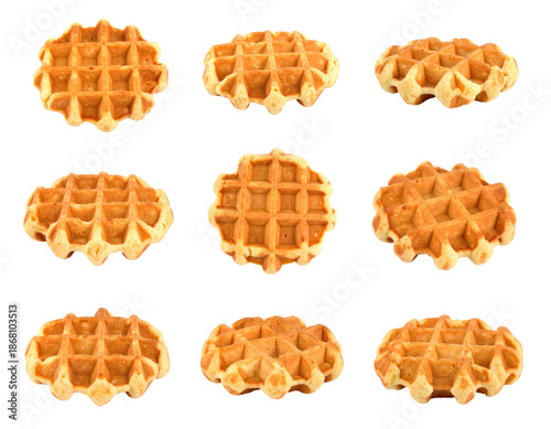 Nine Golden Brown Waffles on Transparent Background Showing Detailed Grid Pattern and Textured Surface Perfect for Breakfast or Snack