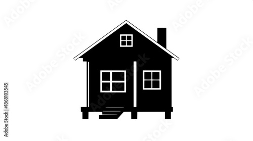 Black silhouette house icon in a minimal flat design style with crisp white stroke details, featuring a small home with a slightly elevated porch supported by slender pillars and a short staircase, ag
