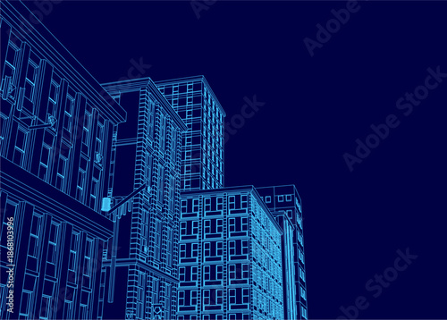 A blue line drawing depicts a city skyline at night, with tall buildings and streets illuminated by soft moonlight.