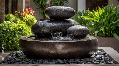 Tranquil Water Feature with Black Stones in Outdoor Garden Setting