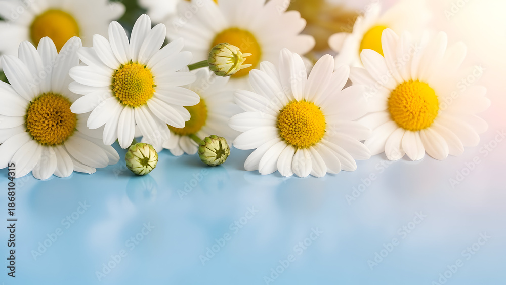 Obraz premium Summer Daisy Flowers Close-Up Macro with Soft Light and Blue Background