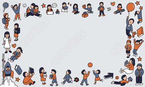 それぞれが好きなことをする子供たち　子どもの個性を尊重する　イラストフレーム　