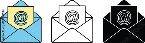 Three envelopes with email symbols in different colors on a white background