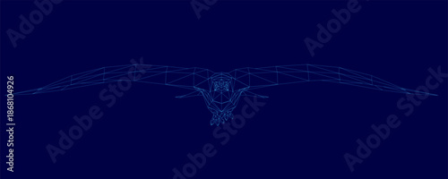 A low polygonal hawk, flies against a blue sky. Its intricate wireframe design is composed of geometric lines and shapes.