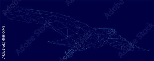 A low poly hawk flies against a clear blue sky, its form an intricate wireframe design of geometric shapes and connecting lines.