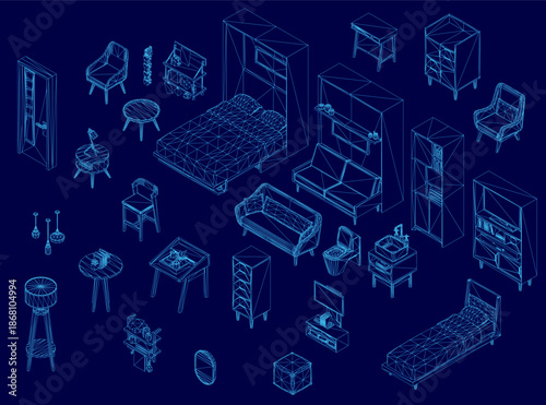 Blueprint wireframe of a living room interior with furniture objects like a bed, chairs, and tables on a solid blue background. Isometric view