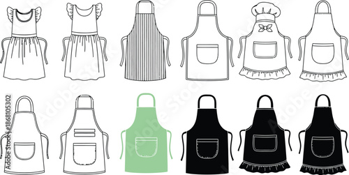 A collection of various aprons and chef hats for cooking and baking purposes
