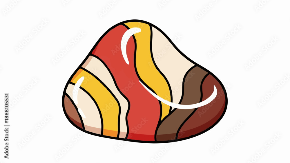 Obraz premium A smooth, polished, pebble-like object with wavy, colorful bands of red, yellow, and cream