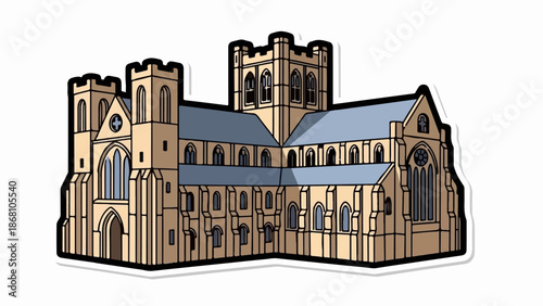 A simplified, stylized illustration of a large, stone building with multiple towers and arched windows