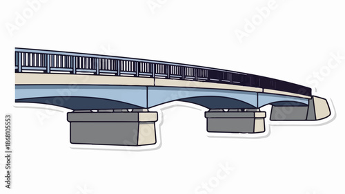 A simplistic illustration of a light blue bridge with dark blue railings and tan accents