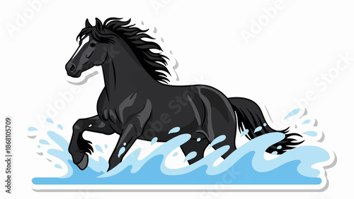 A sleek black horse splashes through vibrant blue water