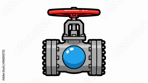 A simple graphic of a industrial pipe valve with a red wheel and a blue ball