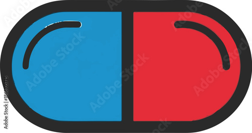 A simple graphic of a pill divided into red and blue halves