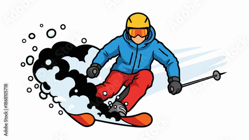 A skier in a blue jacket and red pants carves through snow on skis