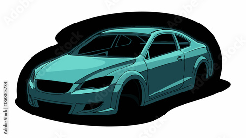 A sleek, teal sports coupe sits isolated on a black background, missing wheels