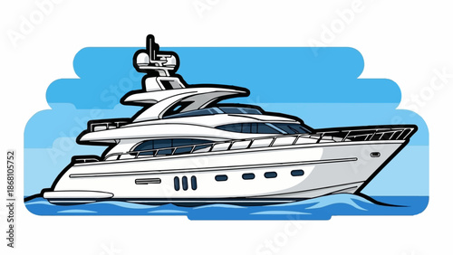 A sleek, white luxury yacht cuts through blue waters under a bright sky